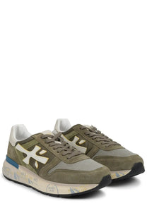 Premiata men’s sneaker mick green olive green suede and mesh with white logo blue heel accent and graffiti sole detailing