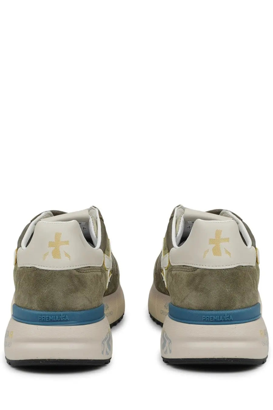 Back view of premiata men’s sneaker mick green in olive green suede with white and blue accents and gold cross logo