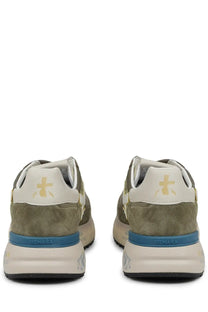 Back view of premiata men’s sneaker mick green in olive green suede with white and blue accents and gold cross logo