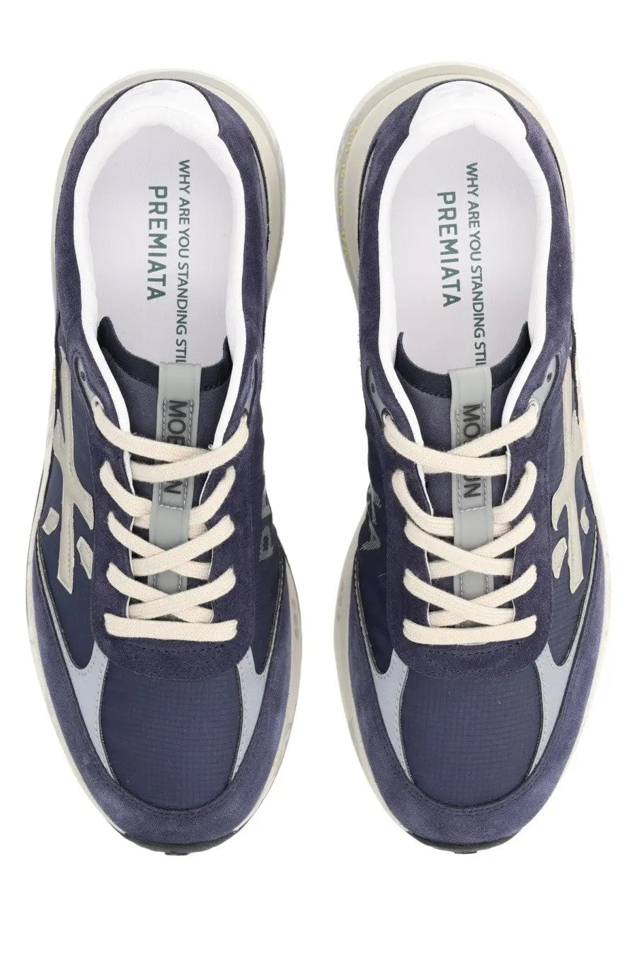 Premiata men’s sneaker Moerun blue navy and gray suede sneakers with white laces and chunky sole