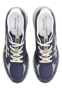 Premiata men’s sneaker Moerun blue navy and gray suede sneakers with white laces and chunky sole