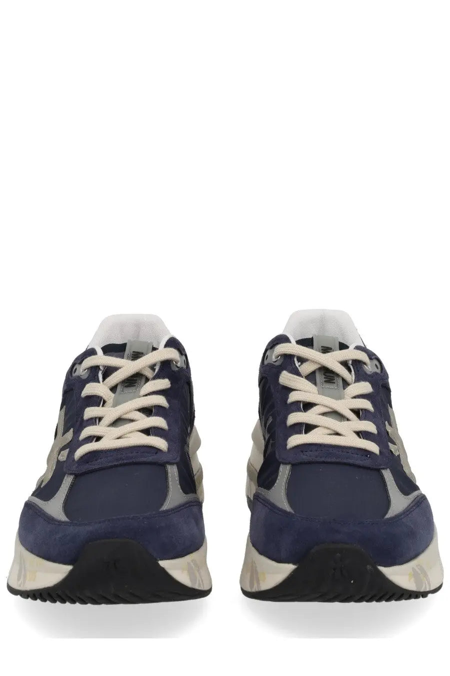 Premiata men’s sneaker moerun blue in navy blue and gray suede with cream laces and chunky white sole