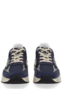 Premiata men’s sneaker moerun blue in navy blue and gray suede with cream laces and chunky white sole