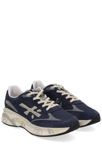 Premiata men’s sneaker moerun blue in navy blue suede and mesh with cream laces gray accents and chunky white sole