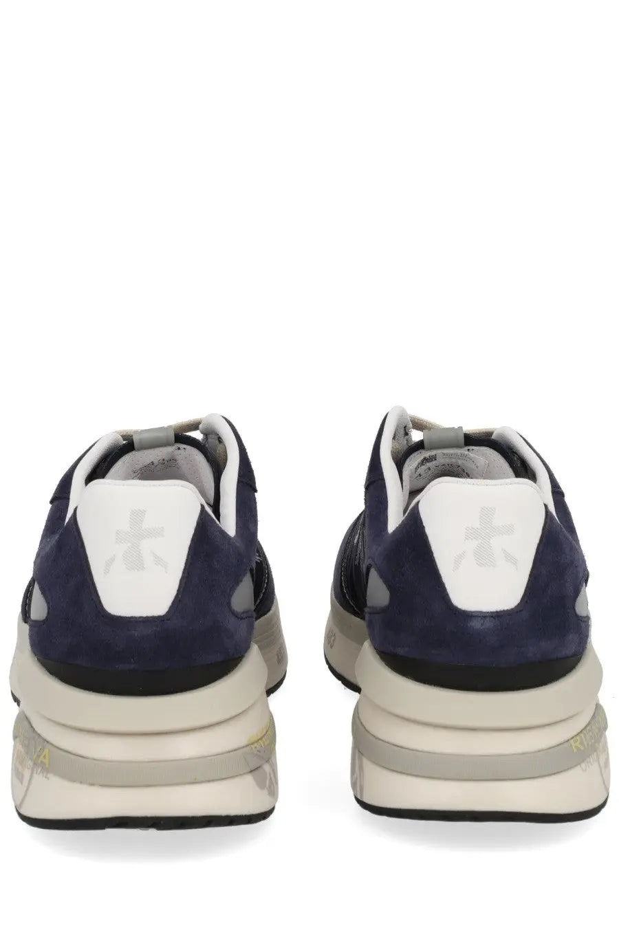 Premiata men’s sneaker Moerun blue navy suede with white and black accents and chunky layered sole design