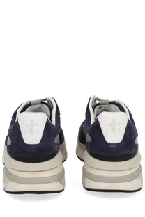 Navy blue suede premiata men’s sneaker moerun blue with white and black accents and chunky layered sole design