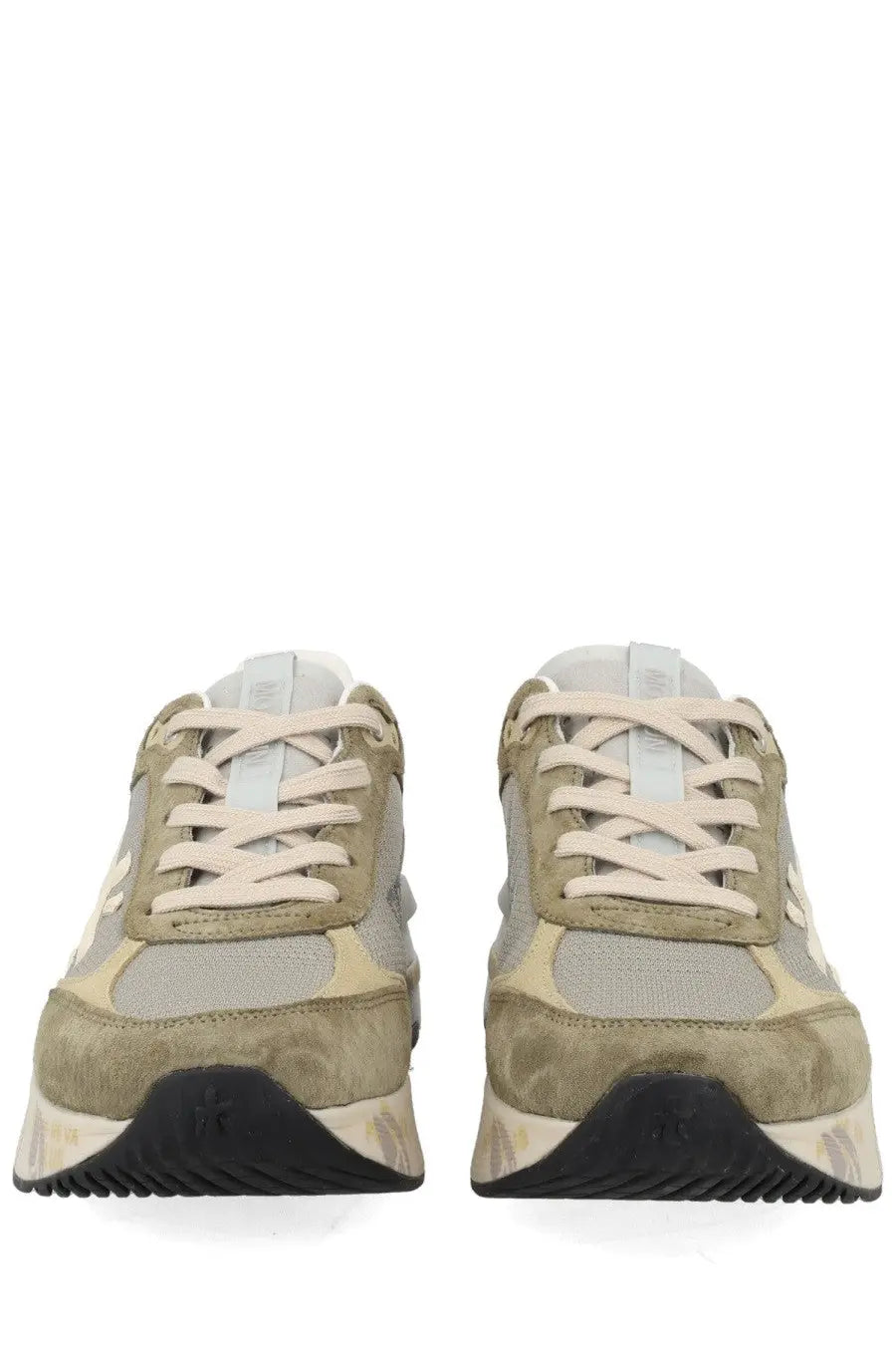 Premiata men’s sneaker Moerun green in beige and gray suede and mesh with chunky white and black sole
