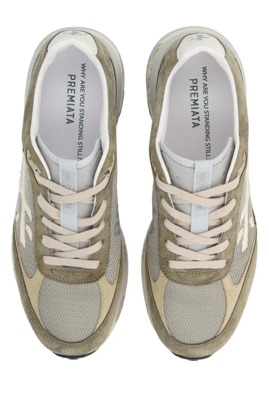 Premiata men’s sneaker moerun green olive and beige suede mesh with white laces and chunky sole showing the insole logo