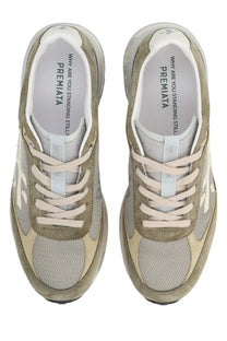 Premiata men’s sneaker moerun green olive and beige suede mesh with white laces and chunky sole showing the insole logo