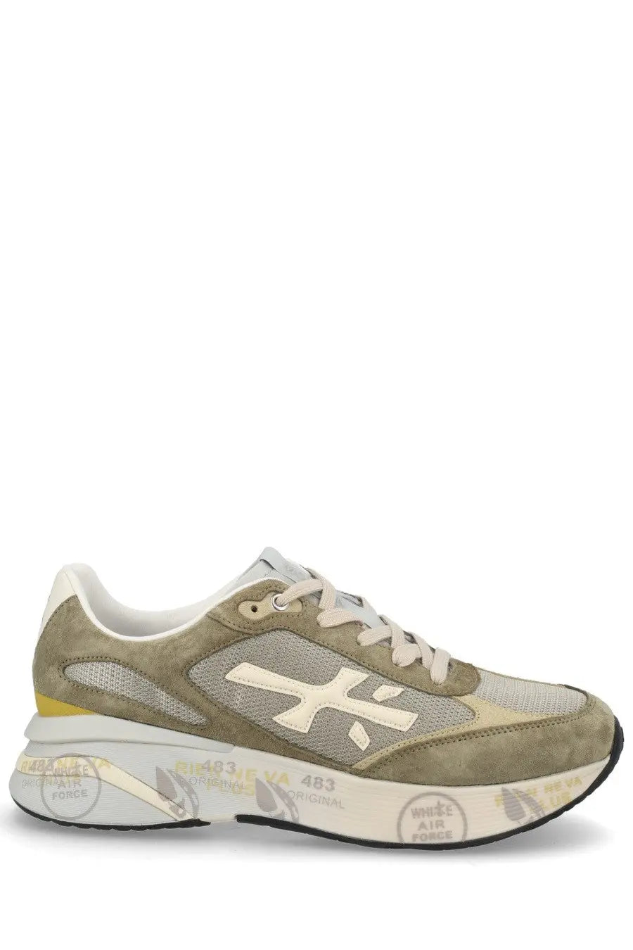 Premiata men’s sneaker moerun green olive green suede and mesh sneaker with white logo yellow accent stripe and branded sole