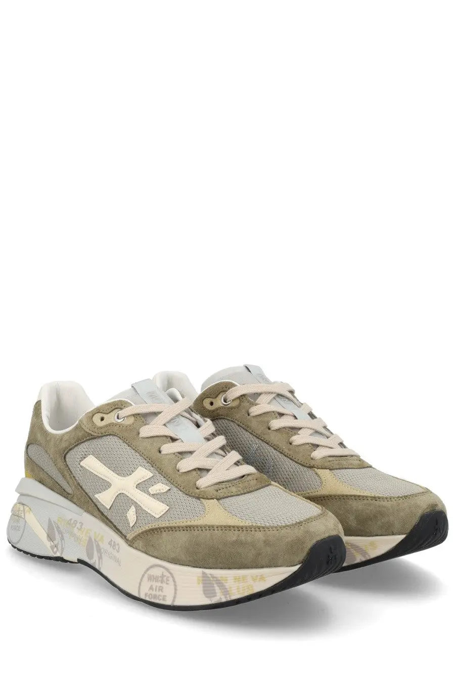 Premiata men’s sneaker Moerun green tan suede and mesh with white logo and chunky sole with subtle graffiti graphics
