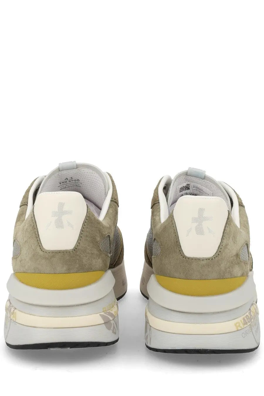 Premiata men’s sneaker moerun green tan suede with white heel tab gray cross logo yellow midsole and translucent outsole