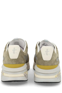 Premiata men’s sneaker moerun green tan suede with white heel tab gray cross logo yellow midsole and translucent outsole