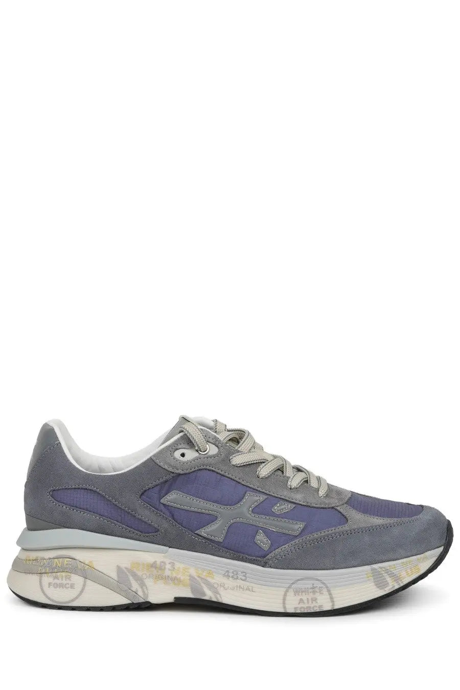 Premiata men’s sneaker Moerun in gray and purple suede with chunky white sole and graffiti style markings