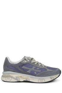 Premiata men’s sneaker Moerun in gray and purple suede with chunky white sole and graffiti style markings