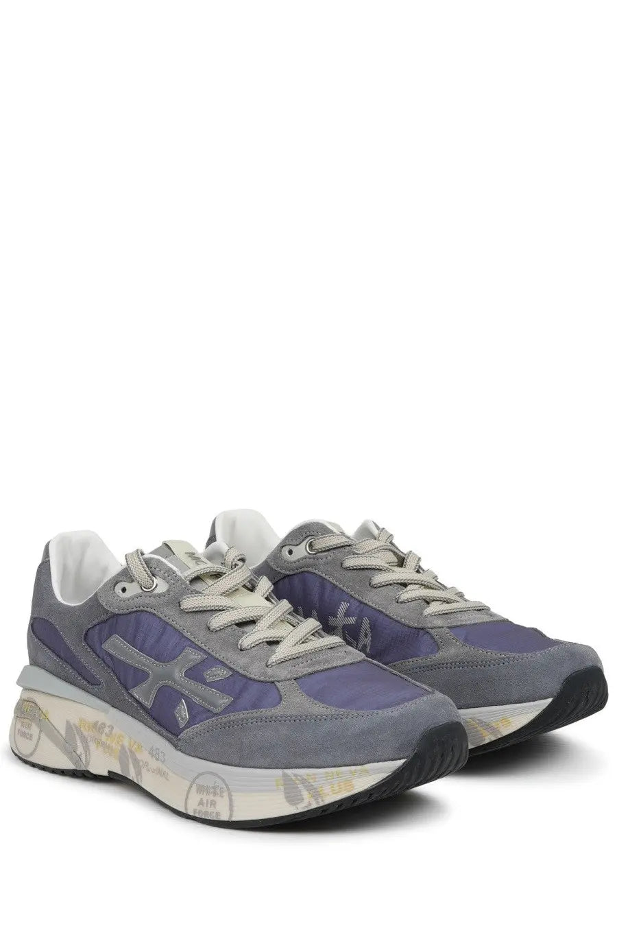 Premiata men’s sneaker moerun multicolor gray and purple suede mesh with chunky white and black sole and logo on the side