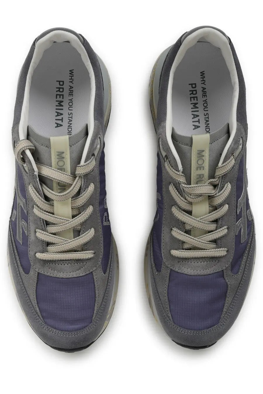 Premiata men’s sneaker moerun multicolor in gray and purple suede and mesh with beige lacing system