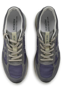 Premiata men’s sneaker moerun multicolor in gray and purple suede and mesh with beige lacing system