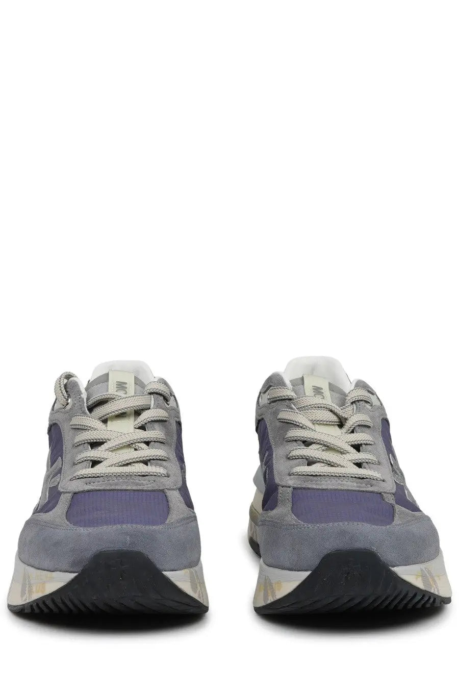 Premiata men’s sneaker Moerun multicolor featuring gray and purple suede with a chunky white and black sole