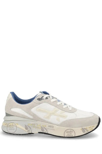Premiata men’s sneaker Moerun white with chunky sole gold graffiti lettering and blue collar and laces accents