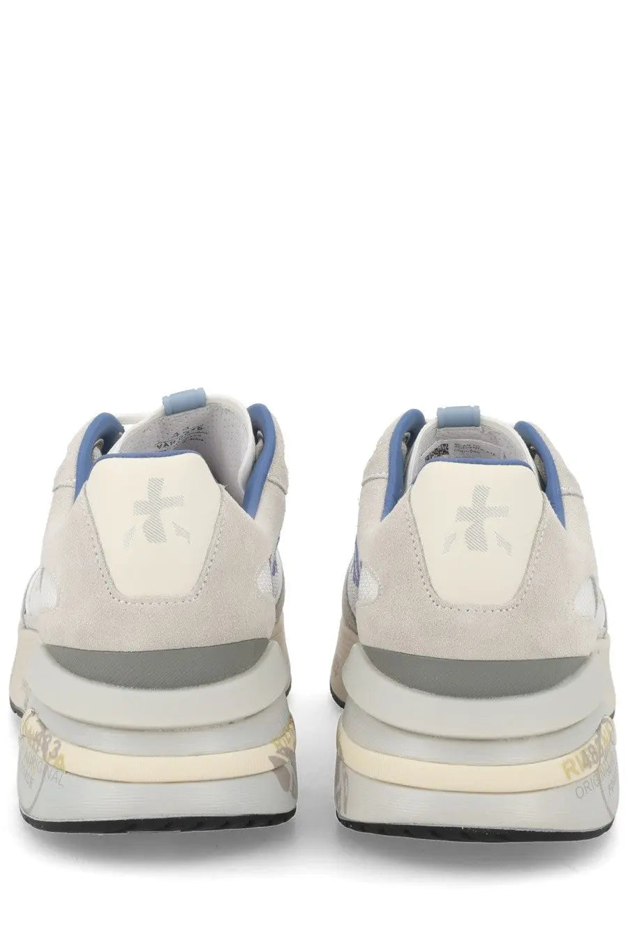Premiata men’s sneaker Moerun white cream suede with blue accents chunky layered sole and cross logo on the heel back side