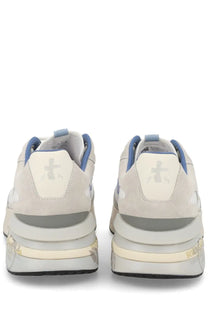 Premiata men’s sneaker Moerun white cream suede with blue accents chunky layered sole and cross logo on the heel back side