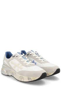Premiata men’s sneaker Moerun white with gray and blue accents features a chunky sole with graffiti-style graphics