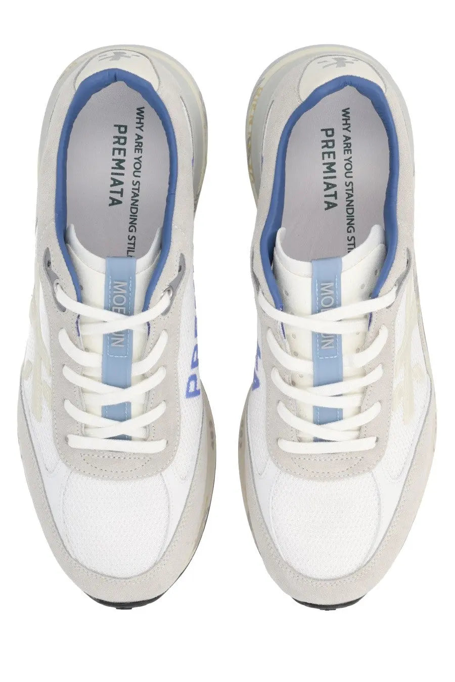 Premiata men’s sneaker Moerun white in white and light blue with sleek modern design mesh and suede materials