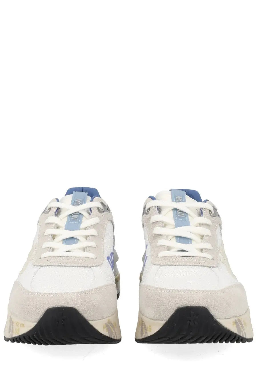 Premiata men’s sneaker moerun white with white and light blue suede upper and chunky black rubber sole