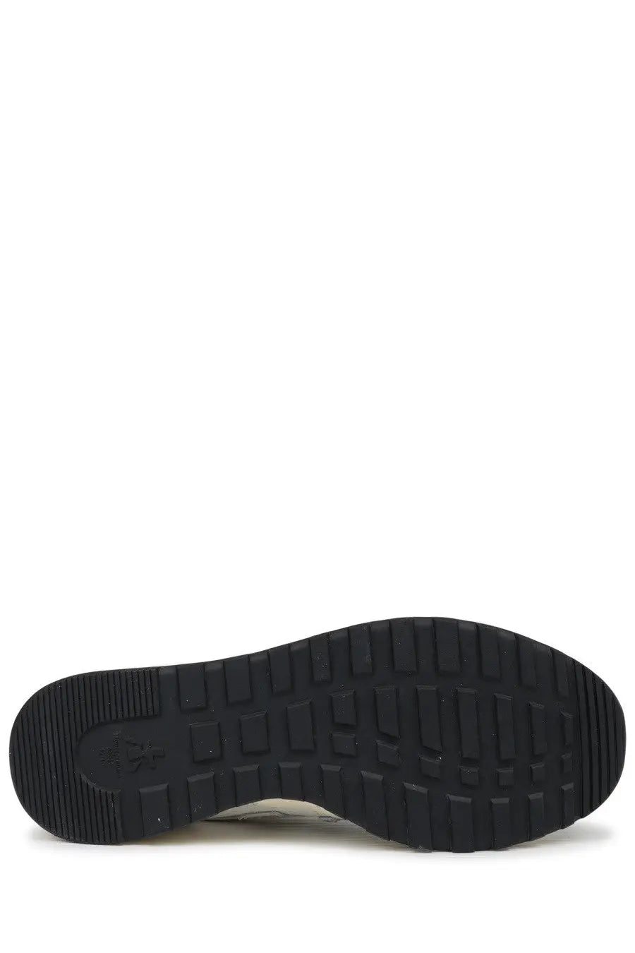 Black rubber sole with textured tread and adidas logo embossed near the heel of premiata men’s sneaker nous white