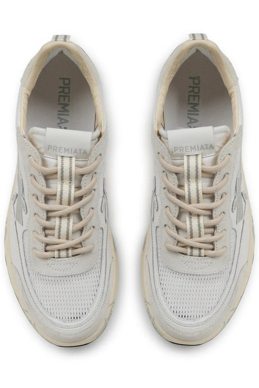 Premiata men’s sneaker nous white cream-colored with mesh and suede upper and silver metallic accents on laces and side panels