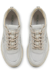 Premiata men’s sneaker nous white cream-colored with mesh and suede upper and silver metallic accents on laces and side panels