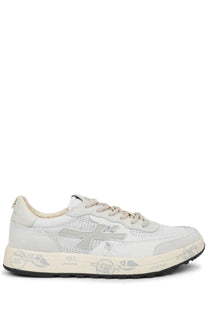 Premiata men’s sneaker nous white athletic shoe with white and silver mesh and leather panels and bold cross logo