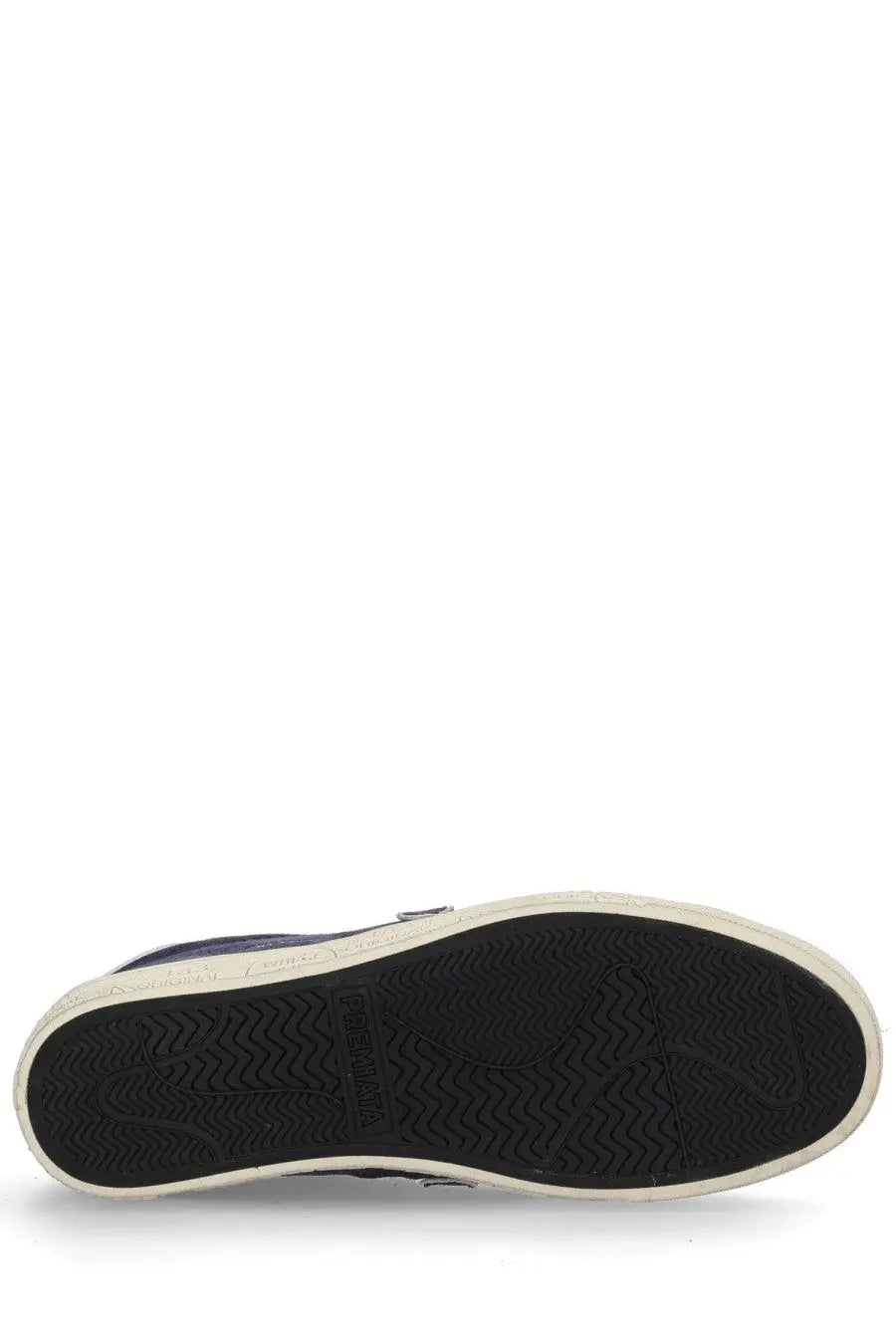 Back view of premiata men’s sneaker steven blue showing black rubber sole with white midsole and puma branding