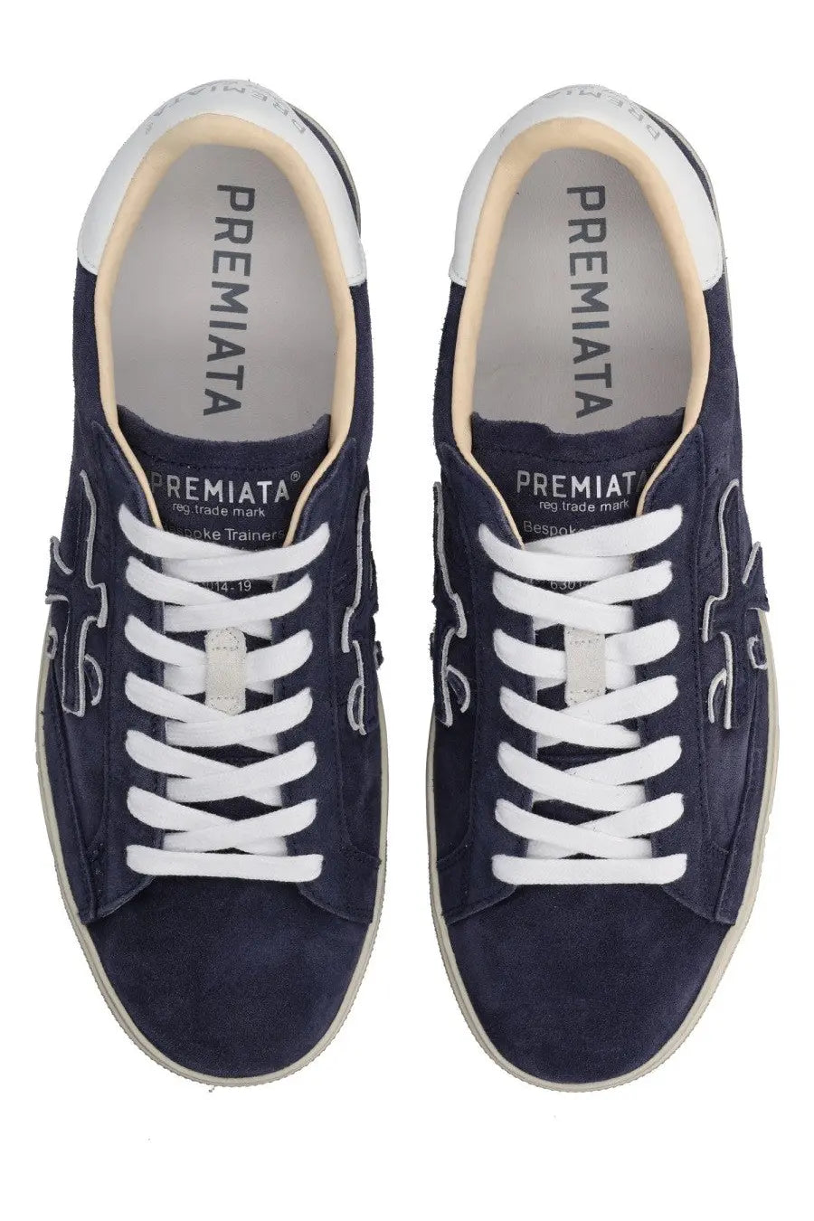 Premiata men’s sneaker Steven blue navy blue suede with white laces and light beige interior lining