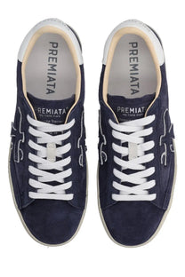 Premiata men’s sneaker Steven blue in navy blue suede with white laces and light beige interior lining