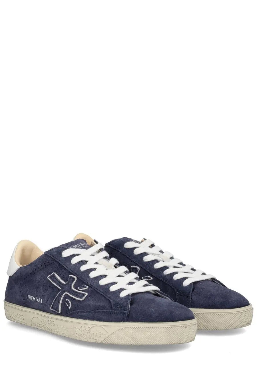 Premiata men’s sneaker Steven blue navy blue suede low-top with white laces cream rubber sole and stitched logo on side