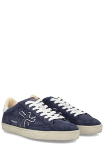 Premiata men’s sneaker Steven blue navy blue suede low-top with white laces cream rubber sole and stitched logo on side