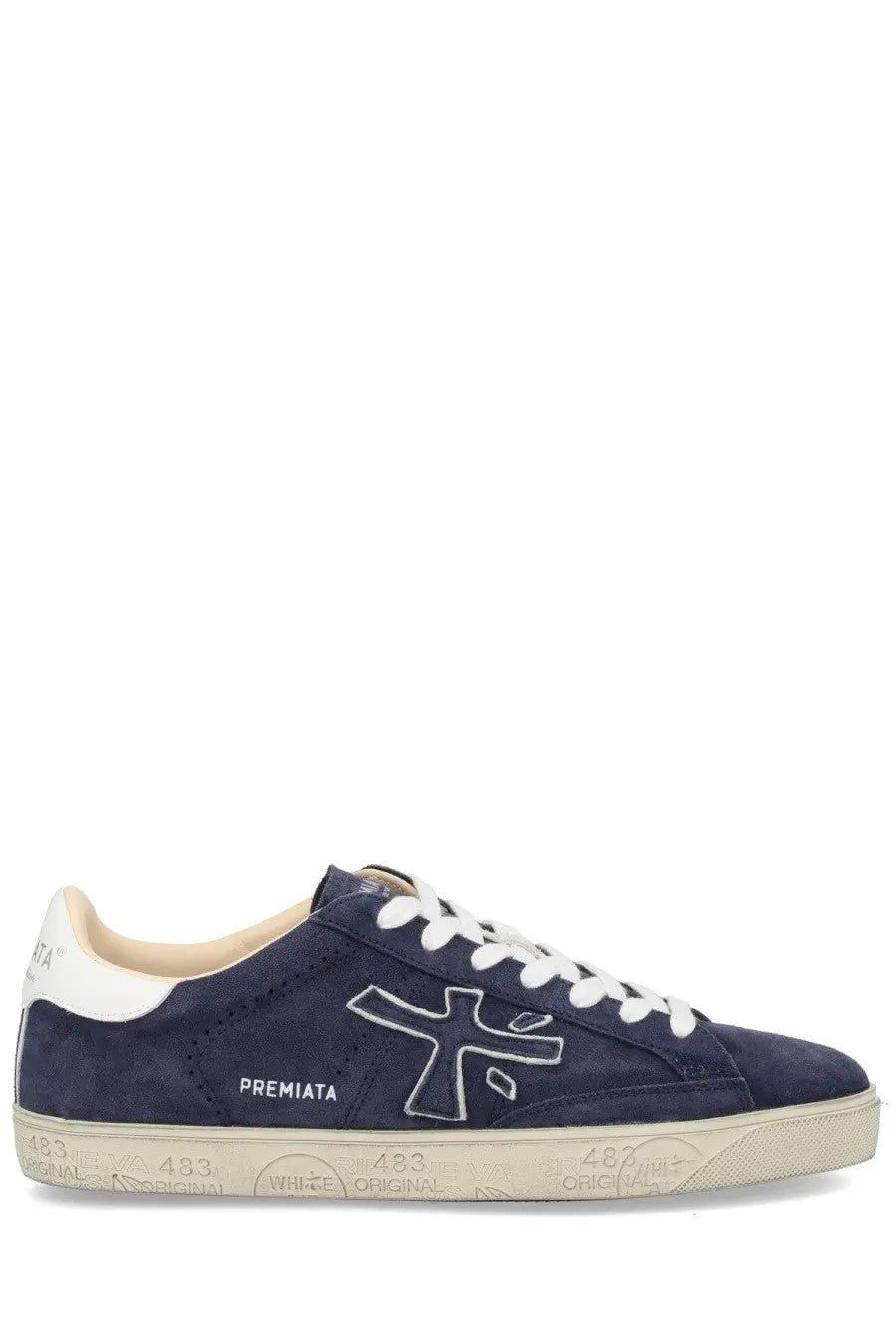 Premiata men’s sneaker steven in navy blue suede with white laces and contrasting white rubber sole with embossed branding
