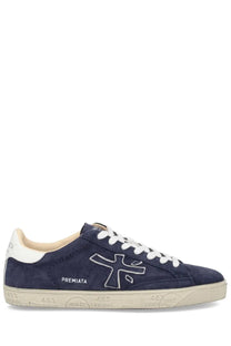 Premiata men’s sneaker Steven blue in navy blue suede with white laces and a white rubber sole with embossed branding
