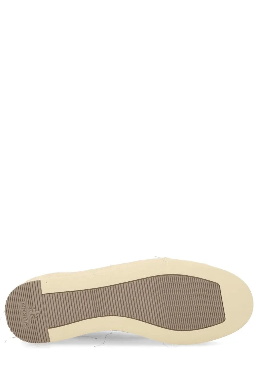 Back side of premiata men’s sneaker vincent black with beige rubber sole textured grip and small heel logo