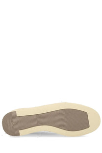 Back side of premiata men’s sneaker vincent black with beige rubber sole textured grip and small heel logo