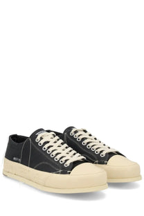 Premiata men’s sneaker Vincent black low-top canvas with cream rubber toe caps laces and chunky off-white sole