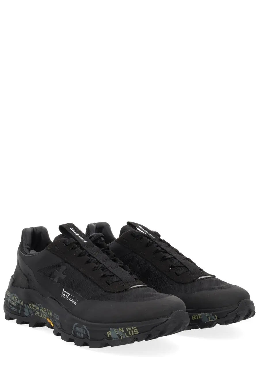 Premiata men’s snerker denvin black athletic sneakers with rugged textured soles and subtle graffiti-style branding in muted green and white