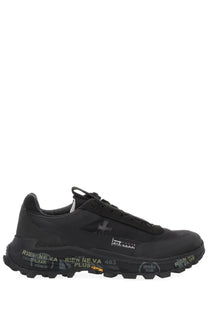 Premiata men’s snerker denvin black sneaker with matte finish and bold yellow text detailing on the sole
