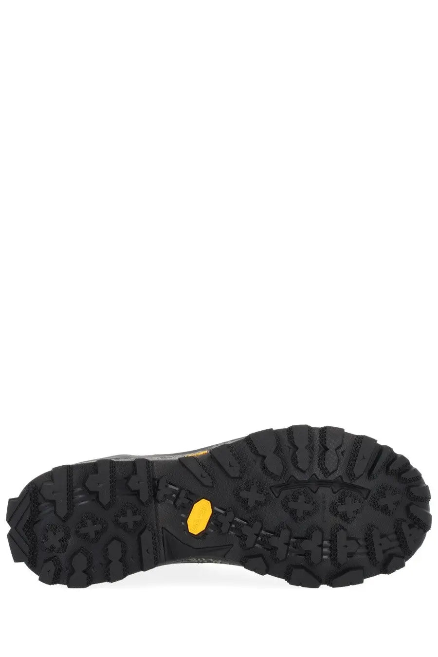 Premiata men’s snerker denvin black shoe with black rubber outsole featuring yellow vibram logo and aggressive tread pattern