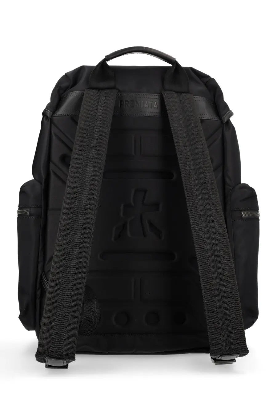Back view of premiata men’s zaino booker black backpack with textured nylon fabric and reinforced leather straps