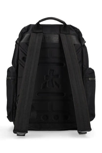 Back view of premiata men’s zaino booker black backpack with textured nylon fabric and reinforced leather straps