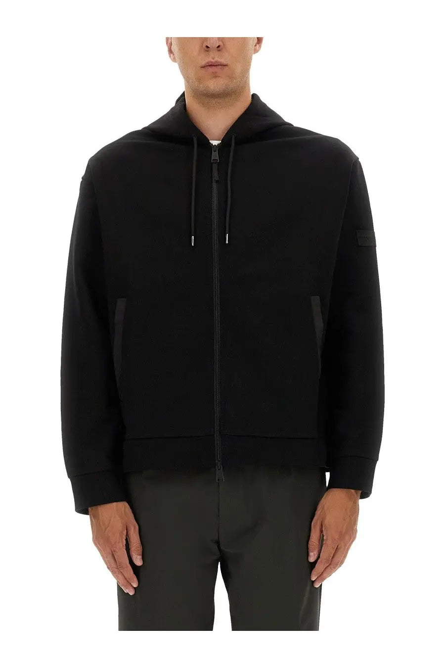 Premiata men’s black zip sweatshirt with subtle contrast stitching and a small patch on the left sleeve