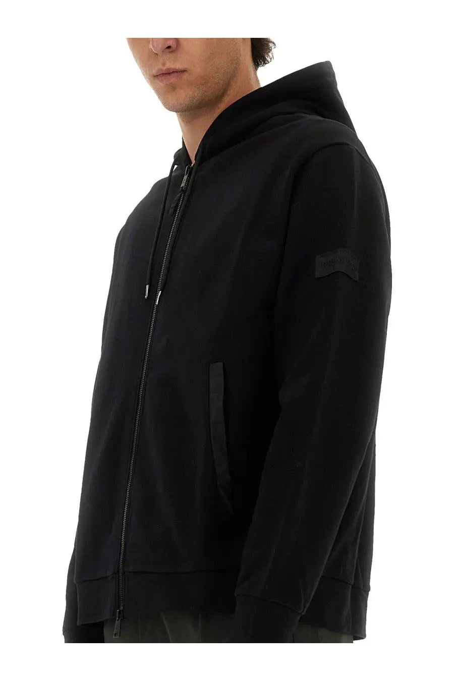 Premiata men’s black zip sweatshirt with a subtle textured patch on the sleeve in a soft zip-up hoodie design